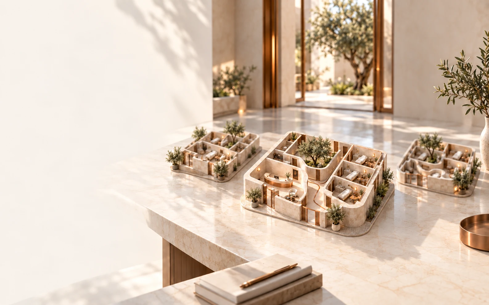 Three illustrative clinic maquettes on a stone table in a sunlit room, with a courtyard and olive tree beyond the threshold.